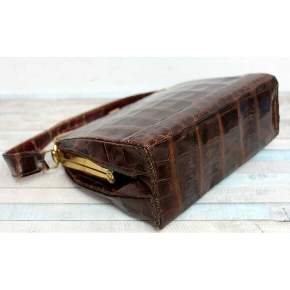 VINTAGE DEITSCH GENUINE CROCODILE BROWN LEATHER FRAME HANDBAG POCKETBOOK - Picture 8 of 12